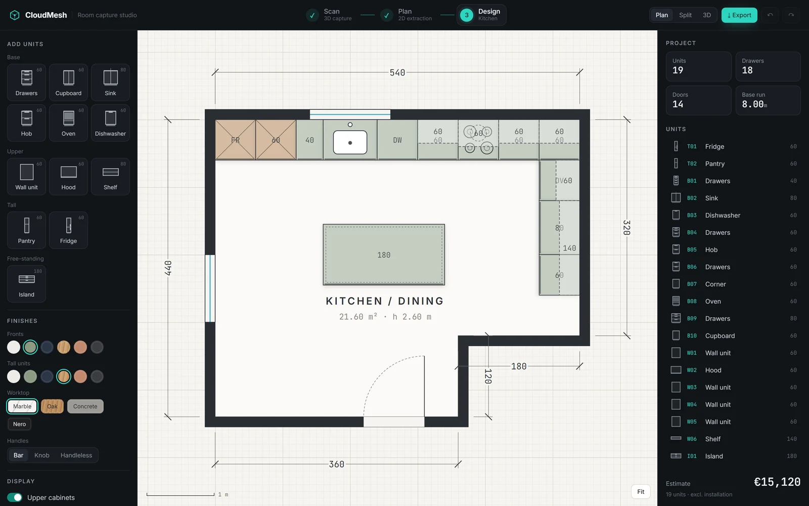 Designing the kitchen on the measured plan