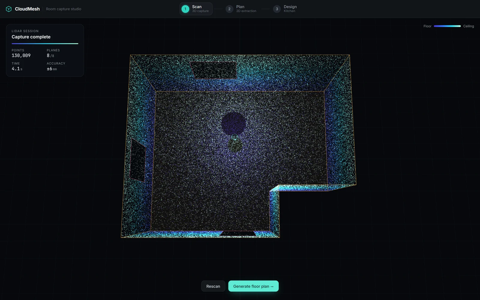 A LiDAR scan of the empty room, about 130,000 points